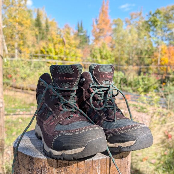 Women's LL Bean Maine Tall Ankle Hiking Boots Brown Forest Green 8.5 Wide - Picture 1 of 11